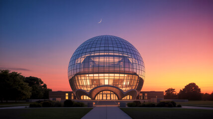 Obraz premium A dramatic architectural photograph of the Geodesic Dome at the University of Wisconsin-Madison at sunset .