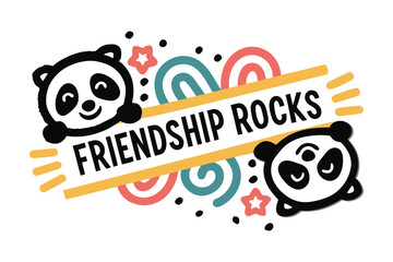 Cute pandas celebrate friendship rocks with playful rainbows stars and dots in a whimsical design