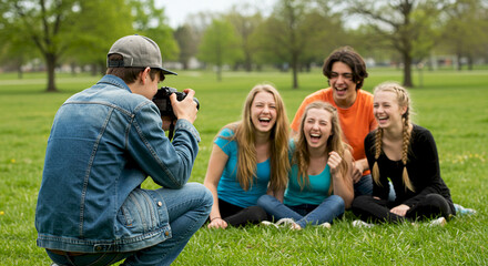 Fototapeta premium Young adults laughing while posing for a photo in the park 