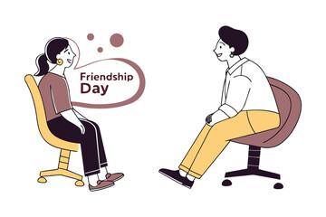 Two friends sharing a joyful conversation on chairs celebrating friendship and connection with a speech bubble