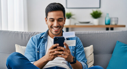 Man using smartphone for messaging on couch at home mobile communication app