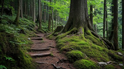 Obraz premium A mossy forest trail winds through lush greenery, the path gently ascending past the exposed roots of ancient trees