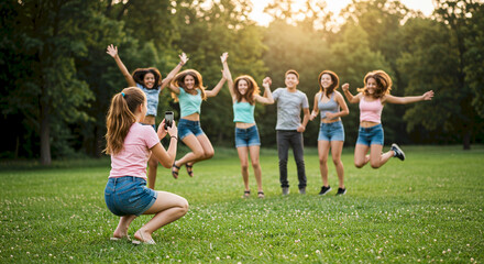 Group of friends jumping joyfully in the park during sunset