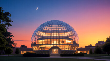 Obraz premium A dramatic architectural photograph of the Geodesic Dome at the University of Wisconsin-Madison at sunset .
