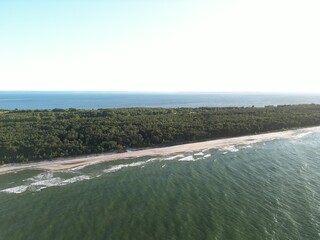 Serene aerial view of calm Baltic Sea waters with gentle waves approaching wooded shoreline