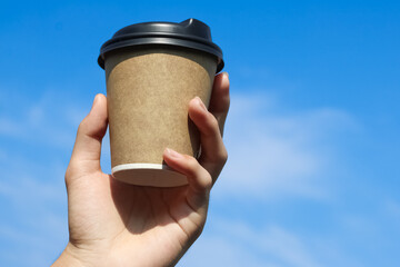 Hand holding a blank brown paper coffee cup against a blue sky.