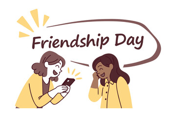 Two happy friends sharing a moment on their phones celebrating friendship day with joy and connection