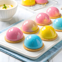 Mini mousse dome cakes with colorful glaze (pink, blue, yellow), placed on white ceramic tray, bright setting