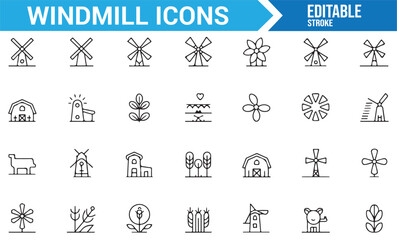 Set of Windmill and Wind Energy Icons for Agriculture, Clean Energy, and Sustainability
