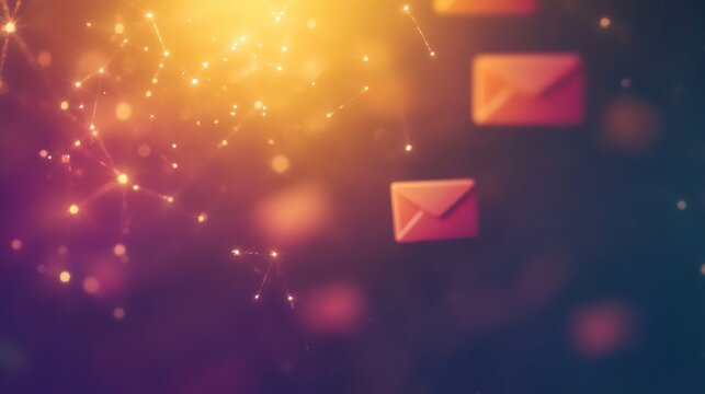 Email icons amid a vibrant, glowing digital background