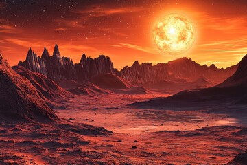 Seamless landscape of Mars showcasing vivid red terrain and a glowing sun in the sky, mars landscape red planet Photo background Seamless ing quality