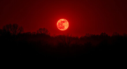 Obraz premium Red moon rising over dark forest landscape photography celestial event view