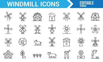 Set of Windmill Icons for Renewable Energy, Farming, and Agriculture Symbols