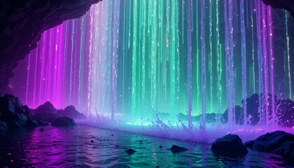 Neon Light Waterfall - Rainbow Glow AI Art for Fantasy Wallpapers & Digital Meditation Visuals