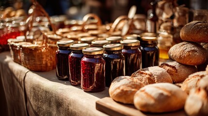 Farmers’ market display with jam jars and bread