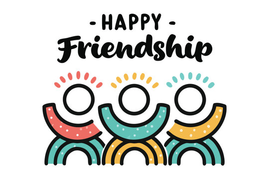 Three stylized figures with colorful arcs and dots above their heads celebrating friendship and togetherness on a white background