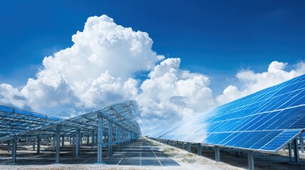 Solar farm with reflective blue panels under clear sky