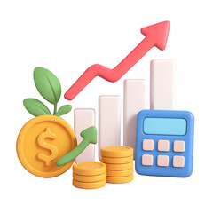 Financial Growth Illustration Featuring Coins Calculator Chart and Arrows Symbolizing Investment Success and Market Trends in Business and Finance