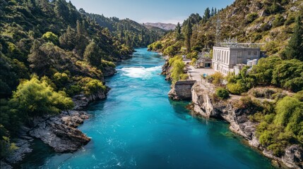 Clean hydroelectric dam surrounded by lush forest
