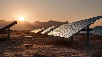 Solar panels in desert with mirrored sunrise
