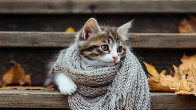 Adorable cat bundled in a warm knitted scarf, representing coziness, cold weather comfort, and stylish pet fashion.
