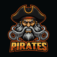 Pirates Mascot Team Logo Featuring Skull with Hat, Eye Patch, and Crossed Swords