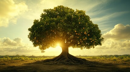 Large tree with oranges at sunset