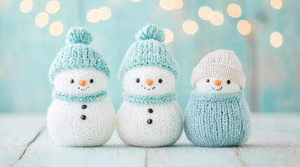 Cheerful handmade snowmen wearing cozy hats on a wooden table during winter
