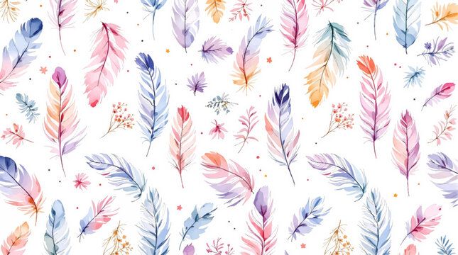 Elegant watercolor feather pattern arranged delicately on clean white background