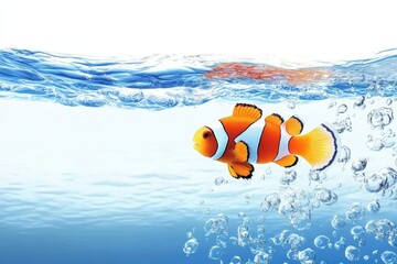 Naklejka premium Clownfish swimming gracefully in clear blue water with bubbles rising around it, Clownfish swimming in the water