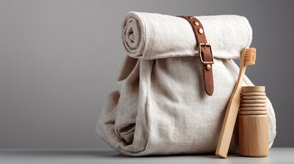 Open linen backpack with rolled-up towel and bamboo toothbrush,