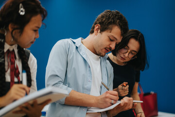 Fototapeta premium A group of students working together on an academic project, showcasing teamwork and collaboration in a school setting. The image captures concentration and dedication to learning and success.