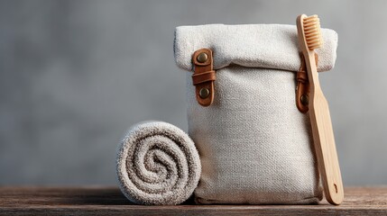 Open linen backpack with rolled-up towel and bamboo toothbrush,