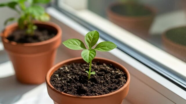 Hands planting a seedling in terracotta pot closeup view of green plant growth