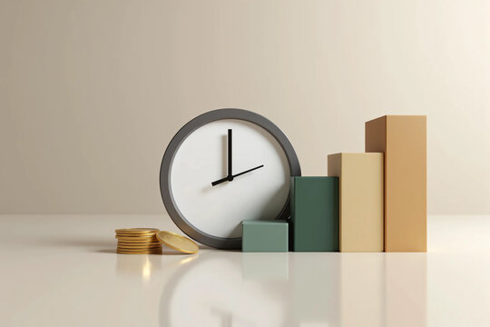 Modern clock, rising bar chart, and gold coins representing time management, financial growth, smart investment, and economic success in a clean background