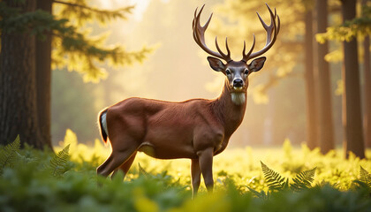 Majestic deer standing gracefully in a sunlit forest clearing, symbolizing tranquility and wildlife beauty.
