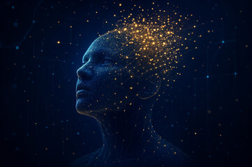 Glowing Digital Mesh Face in Cyber Space