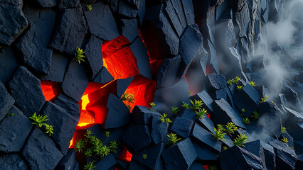 Freshly cooled basalt columns interlock like puzzle pieces:
Hexagonal fracture patterns
Steam rising from residual heat
Pioneer plants colonize the cracks
