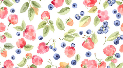 A seamless Easter pattern featuring colorful eggs decorated with fresh strawberries and mixed berries on a white background © Paint