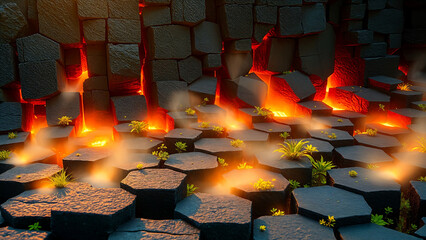 Freshly cooled basalt columns interlock like puzzle pieces:
Hexagonal fracture patterns
Steam rising from residual heat
Pioneer plants colonize the cracks