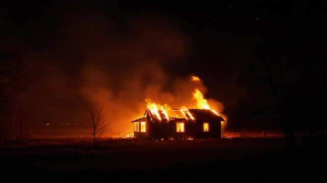 Burning house engulfed in flames at night shows destruction. Burning house is a stark image of loss with bright orange fire consuming structure.