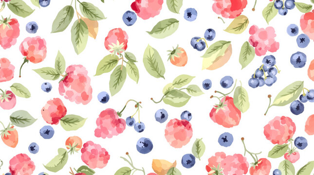 A seamless Easter pattern featuring colorful eggs decorated with fresh strawberries and mixed berries on a white background