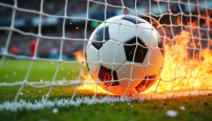 A soccer ball hitting the goal net surrounded by bright orange and yellow flames, showcasing excitement and energy in sports.