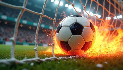 Soccer ball striking goal net with fiery explosion, dynamic action scene in a stadium, sports excitement and triumph concept.