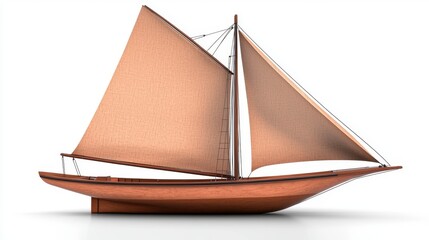 Detailed 3D Render of Classic Sailboat with Tan Sails and Reddish Brown Hull