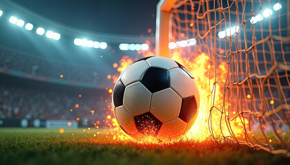 Soccer ball igniting with flames as it pierces the net in a vibrant stadium, symbolizing passion and intensity in sports.