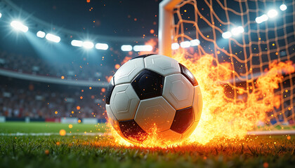 Soccer ball exploding into the net with flames and smoke at a vibrant stadium, illustrating the thrill of victory.
