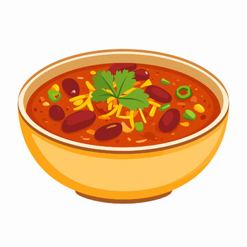 Bowl of Red Chili with Beans and Shredded Cheese Garnished with Parsley and Green Onions Presented in Yellow Bowl on Isolated White Background