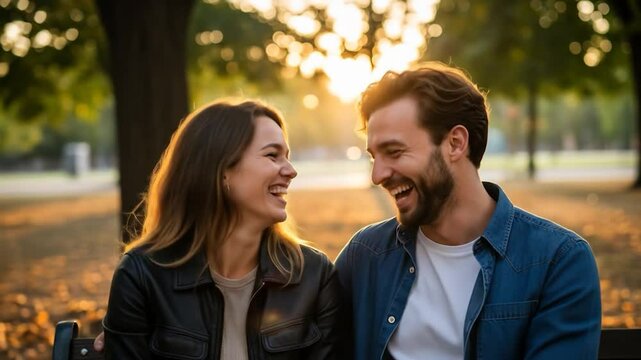 Happy couple laughing in sunlight park setting relationship friendship togetherness