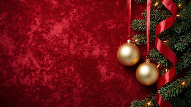 Traditional festive background: dark red velvet, golden Christmas balls on satin ribbons, fir branches and twinkling lights. Elegant design with free space for text is suitable for congratulations.
